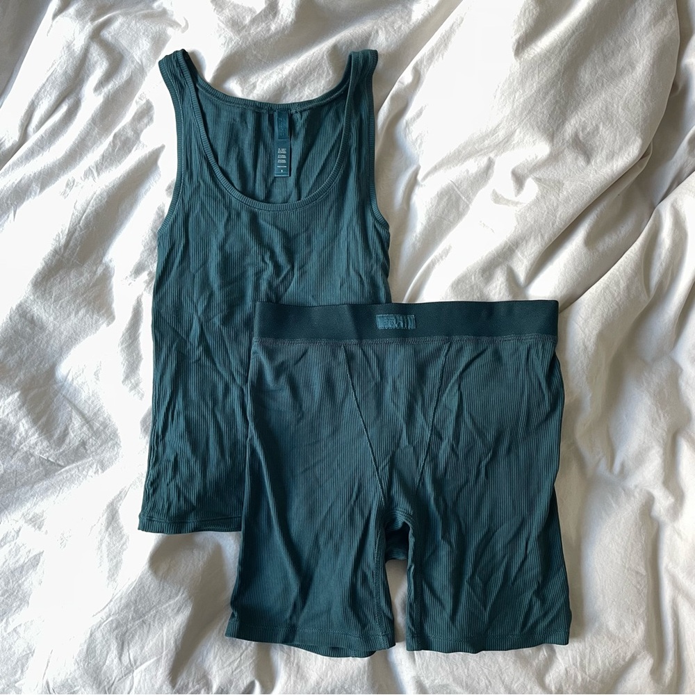 Skims Cotton Rib Tank + Boxer Short Set in Turquoise